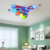 Boys Bedroom Attack Aircraft Ceiling Fixture Wood 4 Lights Kids Multi-Colored Flush Ceiling Light Blue Clearhalo 'Ceiling Lights' 'Close To Ceiling Lights' 'Close to ceiling' 'Glass shade' 'Glass' Lighting' 201842