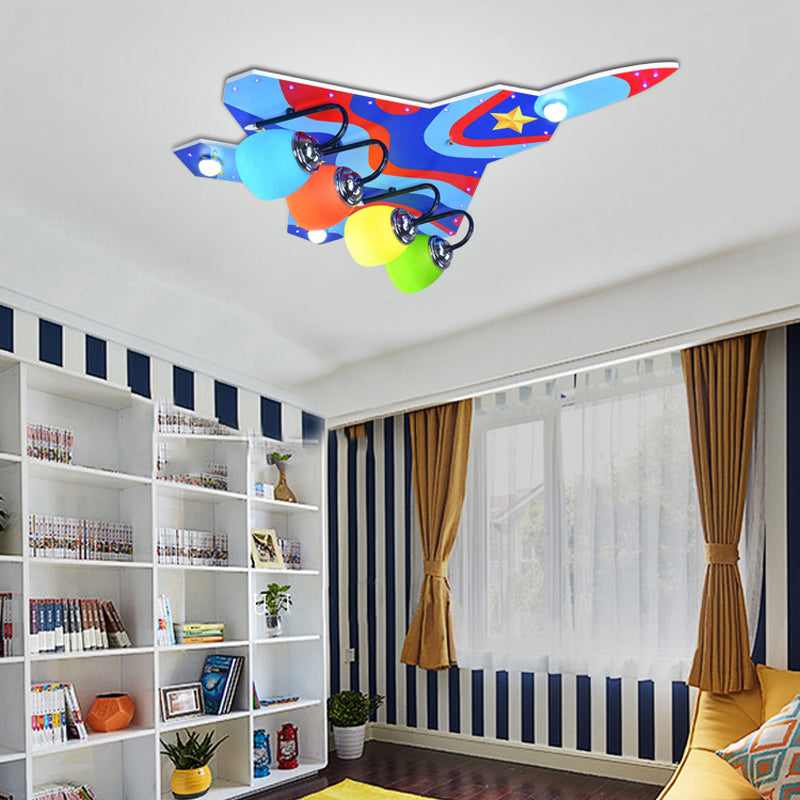 Boys Bedroom Attack Aircraft Ceiling Fixture Wood 4 Lights Kids Multi-Colored Flush Ceiling Light Clearhalo 'Ceiling Lights' 'Close To Ceiling Lights' 'Close to ceiling' 'Glass shade' 'Glass' Lighting' 201843
