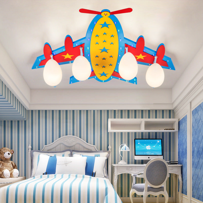 Kids Propeller Plane Flush Ceiling Light Wood Blue Ceiling Lamp for Living Room Baby Bedroom Clearhalo 'Ceiling Lights' 'Close To Ceiling Lights' 'Close to ceiling' 'Glass shade' 'Glass' Lighting' 201861