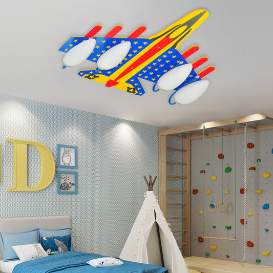 Contemporary Blue & Yellow Ceiling Light Fighter Plane 4 Lights Wood Flush Mount Light for Kid Room Blue Clearhalo 'Ceiling Lights' 'Close To Ceiling Lights' 'Close to ceiling' 'Glass shade' 'Glass' Lighting' 201869