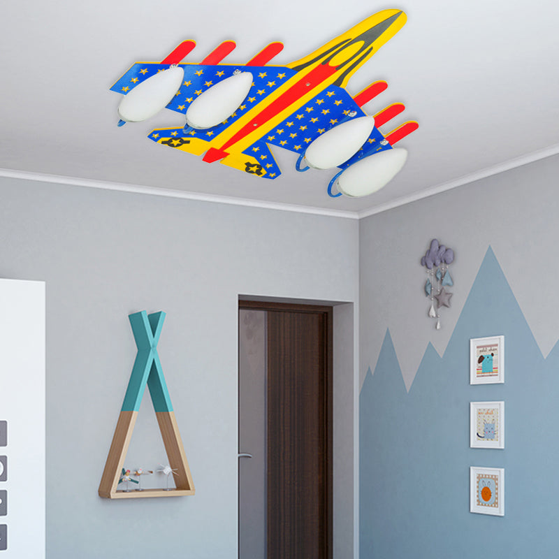 Contemporary Blue & Yellow Ceiling Light Fighter Plane 4 Lights Wood Flush Mount Light for Kid Room Clearhalo 'Ceiling Lights' 'Close To Ceiling Lights' 'Close to ceiling' 'Glass shade' 'Glass' Lighting' 201870