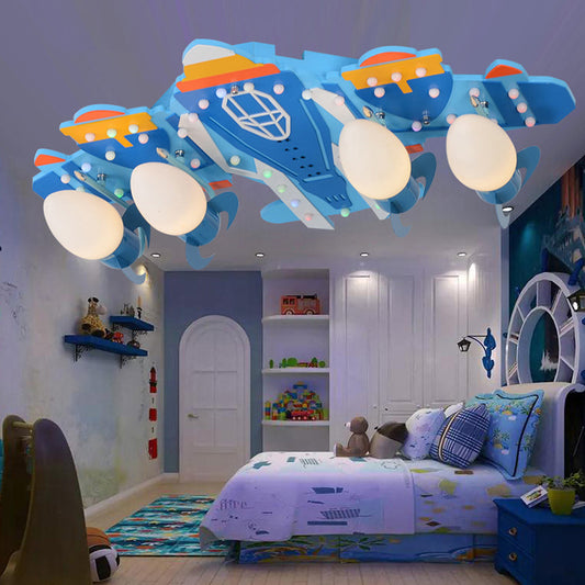 4 Bulbs Fighter Aircraft Ceiling Light Cartoon Wood Flush Mount Light in Blue for Kid Bedroom Blue Clearhalo 'Ceiling Lights' 'Close To Ceiling Lights' 'Close to ceiling' 'Glass shade' 'Glass' Lighting' 201873