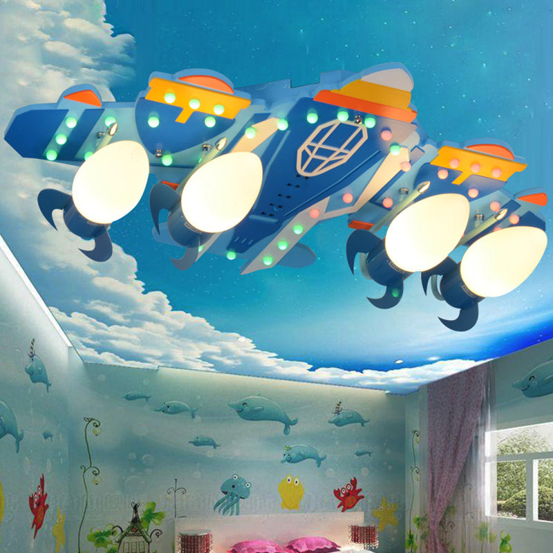 4 Bulbs Fighter Aircraft Ceiling Light Cartoon Wood Flush Mount Light in Blue for Kid Bedroom Clearhalo 'Ceiling Lights' 'Close To Ceiling Lights' 'Close to ceiling' 'Glass shade' 'Glass' Lighting' 201874