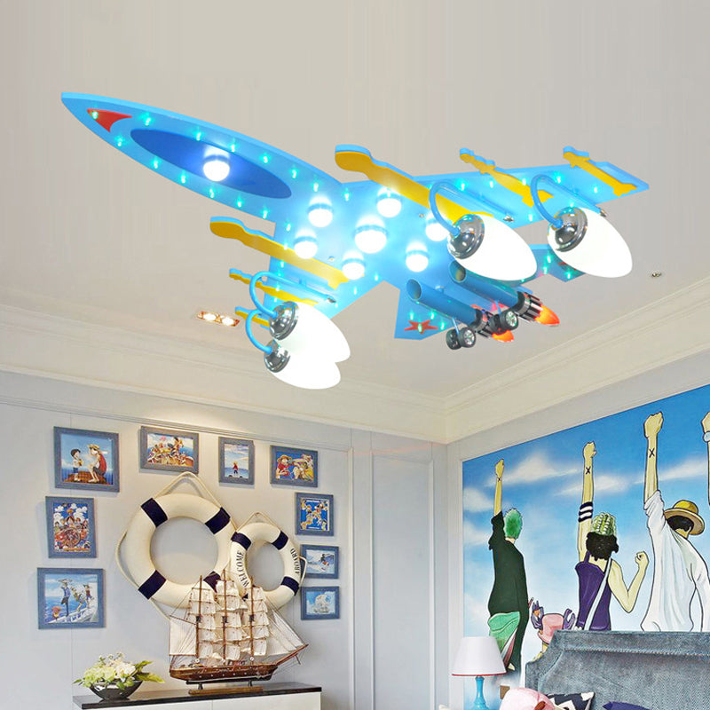 Attack Aircraft Kindergarten Flush Ceiling Light Wood Cartoon Cool LED Ceiling Lamp in Blue Clearhalo 'Ceiling Lights' 'Close To Ceiling Lights' 'Close to ceiling' 'Glass shade' 'Glass' Lighting' 201879