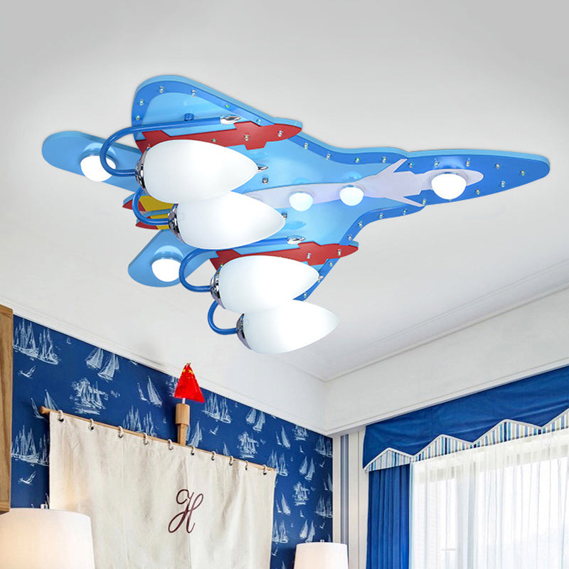 Wooden Combat Aeroplane Flush Ceiling Light 4-Bulb Cool Ceiling Lamp in Blue for Nursing Room Blue Clearhalo 'Ceiling Lights' 'Close To Ceiling Lights' 'Close to ceiling' 'Glass shade' 'Glass' 'Pendant Lights' Lighting' 201890