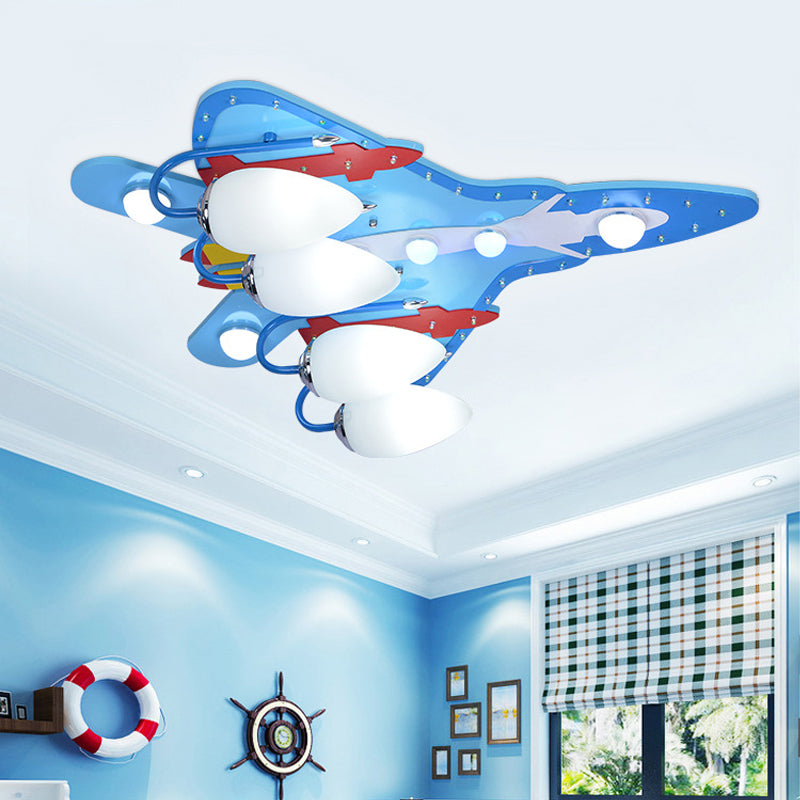 Wooden Combat Aeroplane Flush Ceiling Light 4-Bulb Cool Ceiling Lamp in Blue for Nursing Room Clearhalo 'Ceiling Lights' 'Close To Ceiling Lights' 'Close to ceiling' 'Glass shade' 'Glass' 'Pendant Lights' Lighting' 201891