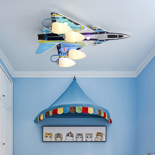 Amusement Park Attack Aircraft Ceiling Mount Light Wood 4 Heads Kids Blue Ceiling Lamp Blue Clearhalo 'Ceiling Lights' 'Close To Ceiling Lights' 'Close to ceiling' 'Glass shade' 'Glass' 'Pendant Lights' Lighting' 201895