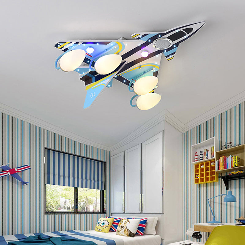 Amusement Park Attack Aircraft Ceiling Mount Light Wood 4 Heads Kids Blue Ceiling Lamp Clearhalo 'Ceiling Lights' 'Close To Ceiling Lights' 'Close to ceiling' 'Glass shade' 'Glass' 'Pendant Lights' Lighting' 201896