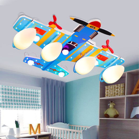 Game Room Combat Aeroplane Ceiling Light Wood 5 Lights Cartoon Blue Flushmount Light Blue Clearhalo 'Ceiling Lights' 'Chandeliers' 'Close To Ceiling Lights' 'Close to ceiling' 'Glass shade' 'Glass' Lighting' 201914