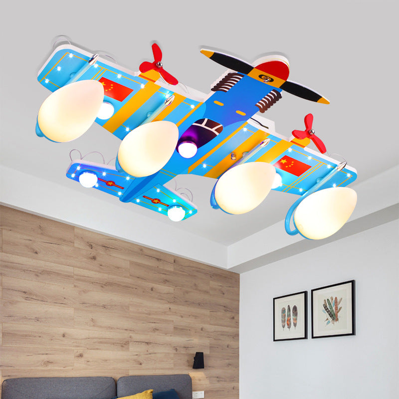 Game Room Combat Aeroplane Ceiling Light Wood 5 Lights Cartoon Blue Flushmount Light Clearhalo 'Ceiling Lights' 'Chandeliers' 'Close To Ceiling Lights' 'Close to ceiling' 'Glass shade' 'Glass' Lighting' 201915