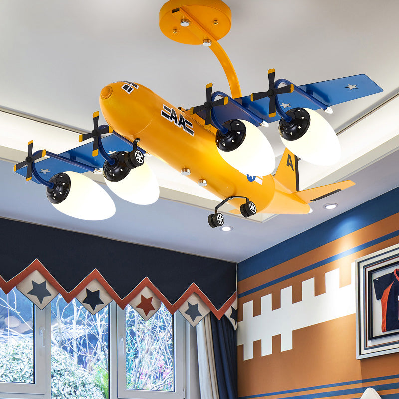 Cartoon Yellow & Blue Hanging Lamp Airplane 4 Lights Metallic Chandelier for Child Bedroom Blue Clearhalo 'Ceiling Lights' 'Chandeliers' Lighting' options 201943_f46af8d3-2861-4b1b-be02-0cf6e5a589d9