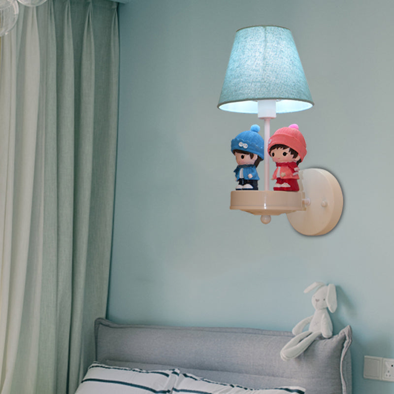 Cartoon Tapered Shade Wall Light with Child Deco Fabric One Light Blue Wall Lamp for Hallway Blue Clearhalo 'Wall Lamps & Sconces' 'Wall Lights' Lighting' 202104