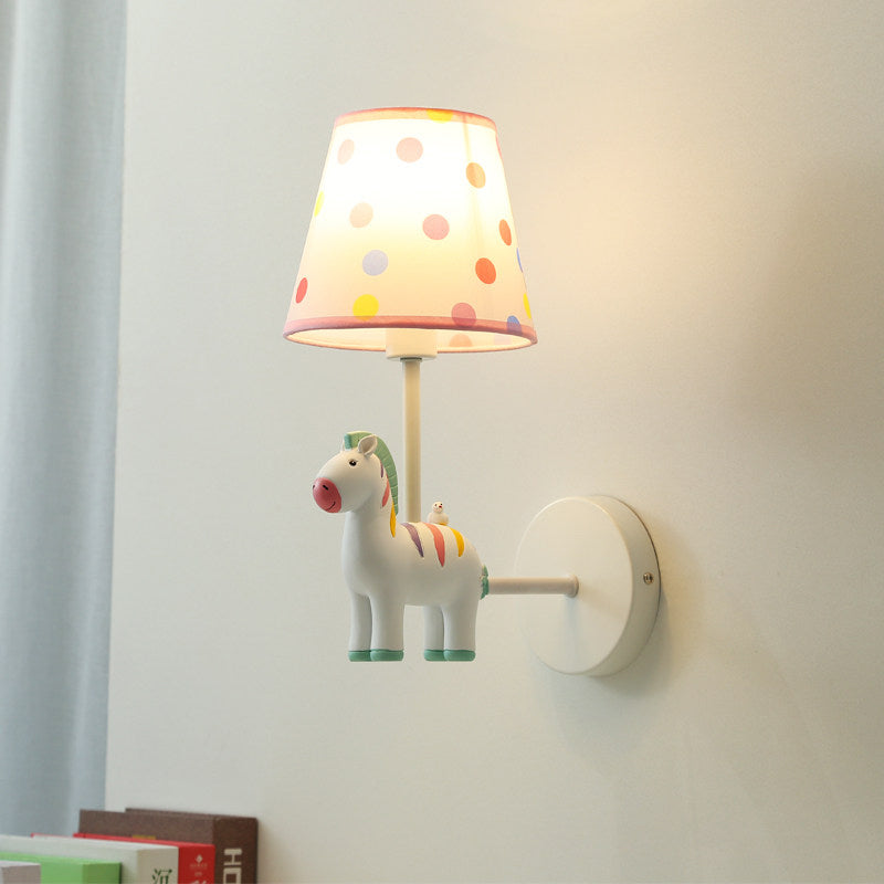 Resin Horse Wall Lamp with Tapered Shade Girls Bedroom One Bulb Lovely Kids Wall Light White Clearhalo 'Wall Lamps & Sconces' 'Wall Lights' Lighting' 202124