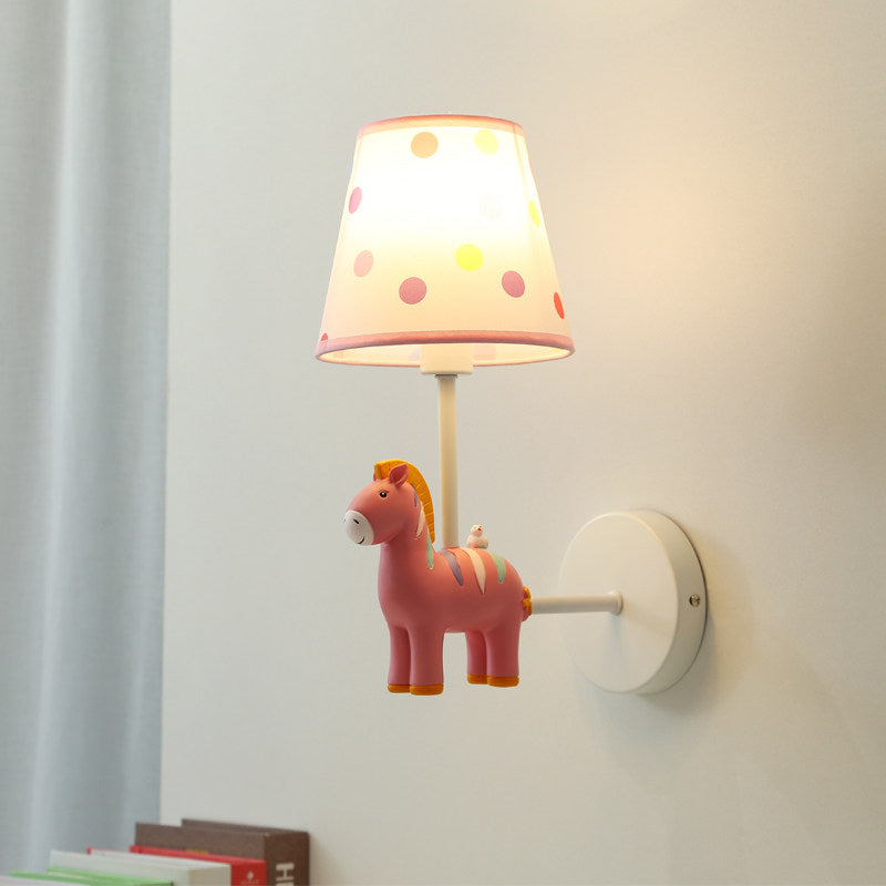 Resin Horse Wall Lamp with Tapered Shade Girls Bedroom One Bulb Lovely Kids Wall Light Pink Clearhalo 'Wall Lamps & Sconces' 'Wall Lights' Lighting' 202128