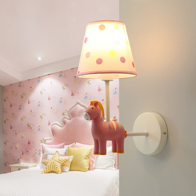 Resin Horse Wall Lamp with Tapered Shade Girls Bedroom One Bulb Lovely Kids Wall Light Clearhalo 'Wall Lamps & Sconces' 'Wall Lights' Lighting' 202129