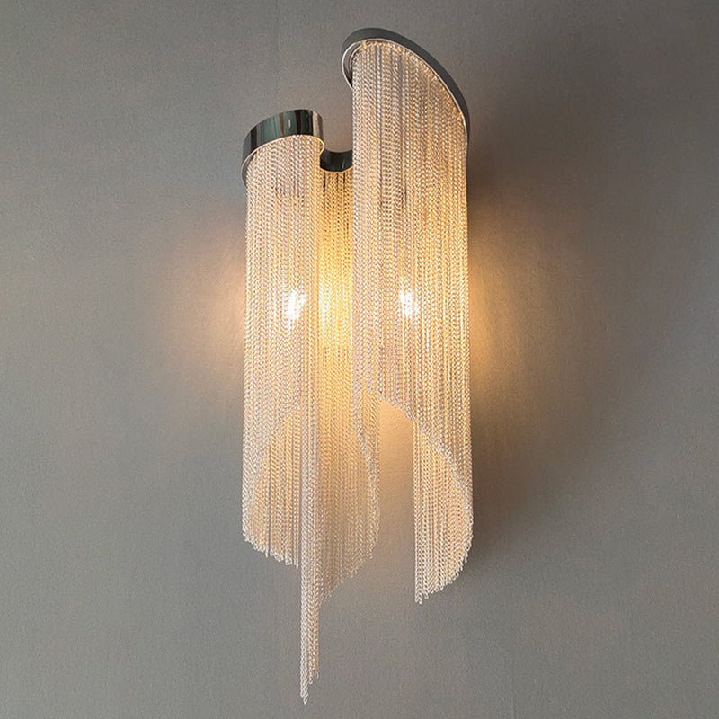 Tassel Chain Aluminum Wall Light Sconce Modernist 2 Bulbs Wall Mounted Lamp for Living Room Light Silver Clearhalo 'Cast Iron' 'Glass' 'Industrial' 'Modern wall lights' 'Modern' 'Tiffany' 'Traditional wall lights' 'Wall Lamps & Sconces' 'Wall Lights' Lighting' 2024190