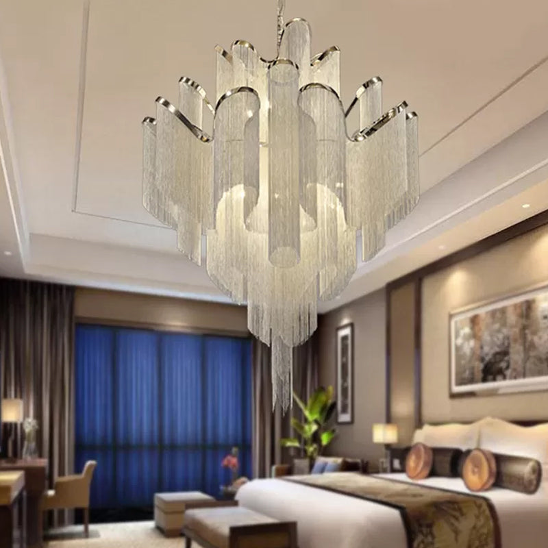 LED Bedroom Chandelier Modernist Silver Pendant Lamp with Tiered Tassel Aluminum Shade Silver Clearhalo 'Ceiling Lights' 'Chandeliers' 'Modern Chandeliers' 'Modern' Lighting' 2024306
