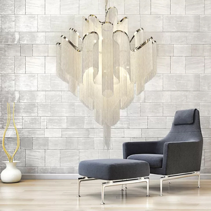 LED Bedroom Chandelier Modernist Silver Pendant Lamp with Tiered Tassel Aluminum Shade Clearhalo 'Ceiling Lights' 'Chandeliers' 'Modern Chandeliers' 'Modern' Lighting' 2024309