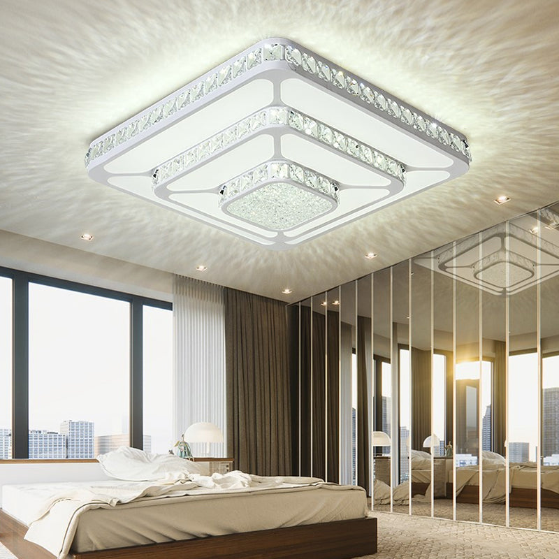 Faceted Crystal Geometry Ceiling Lamp Modernist LED White Flush Mount Light with 3-Tier Design White Small Square Plate Clearhalo 'Ceiling Lights' 'Close To Ceiling Lights' 'Close to ceiling' 'Flush mount' Lighting' 2024472