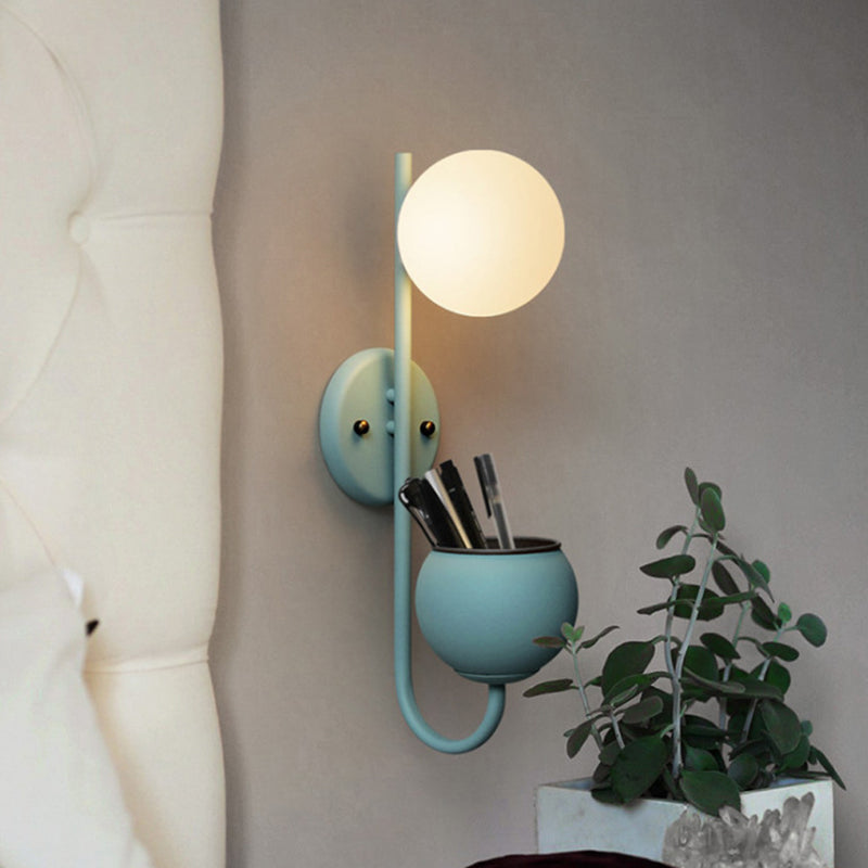 Macaron Sphere Wall Lighting Opal Glass 1 Bulb Bedroom Sconce Light with Metal Dome Pot Blue Clearhalo 'Cast Iron' 'Glass' 'Industrial' 'Modern wall lights' 'Modern' 'Tiffany' 'Traditional wall lights' 'Wall Lamps & Sconces' 'Wall Lights' Lighting' 2024508