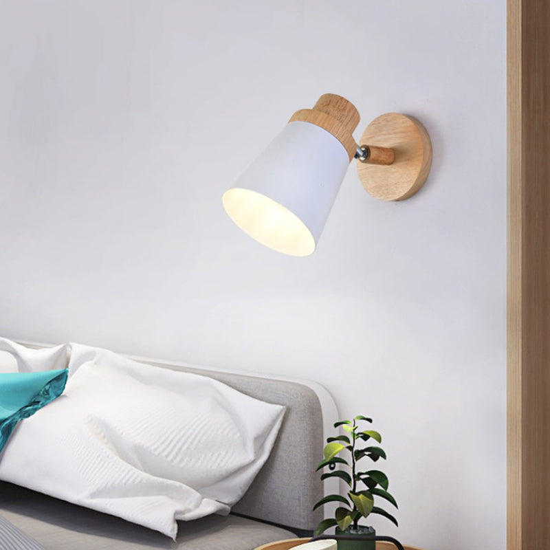 Barrel Wall Lamp Sconce Minimalist Metal 1-Head Living Room Wall Light Fixture with Wood Backplate White Clearhalo 'Modern wall lights' 'Modern' 'Wall Lamps & Sconces' 'Wall Lights' Lighting' 2024547