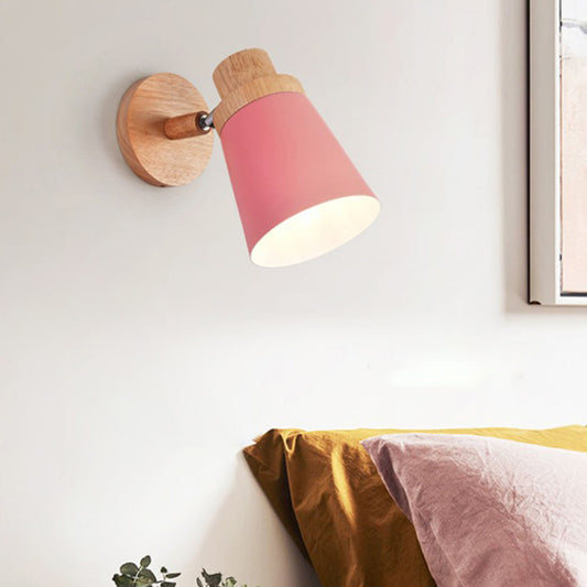 Barrel Wall Lamp Sconce Minimalist Metal 1-Head Living Room Wall Light Fixture with Wood Backplate Pink Clearhalo 'Modern wall lights' 'Modern' 'Wall Lamps & Sconces' 'Wall Lights' Lighting' 2024548