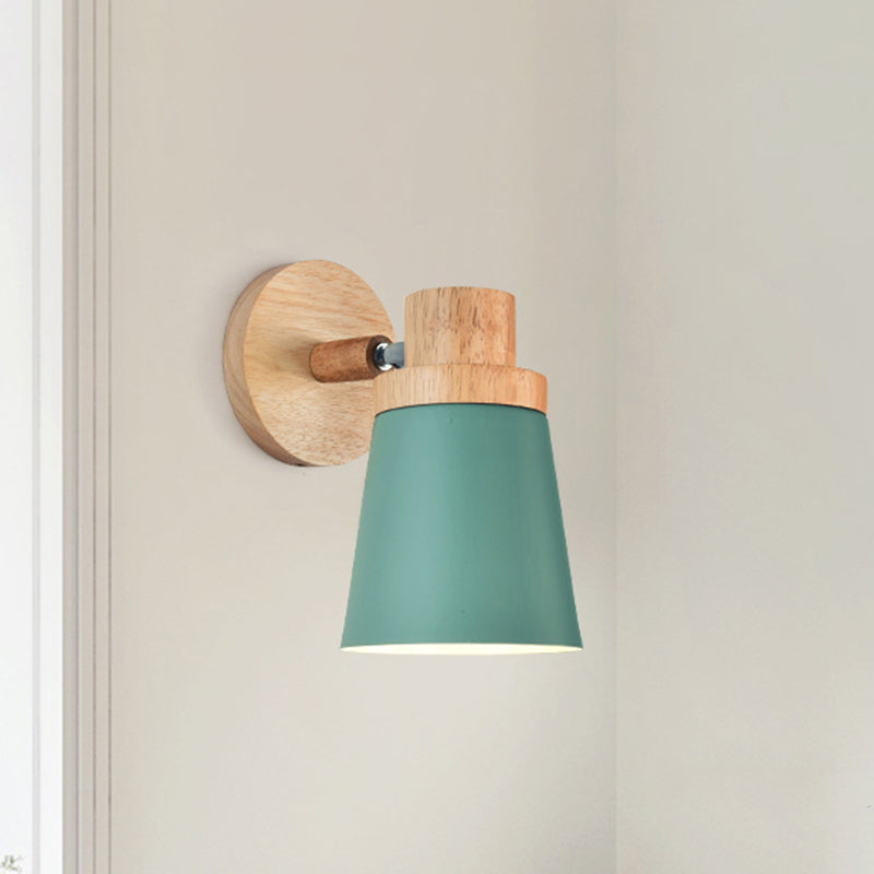 Barrel Wall Lamp Sconce Minimalist Metal 1-Head Living Room Wall Light Fixture with Wood Backplate Green Clearhalo 'Modern wall lights' 'Modern' 'Wall Lamps & Sconces' 'Wall Lights' Lighting' 2024549