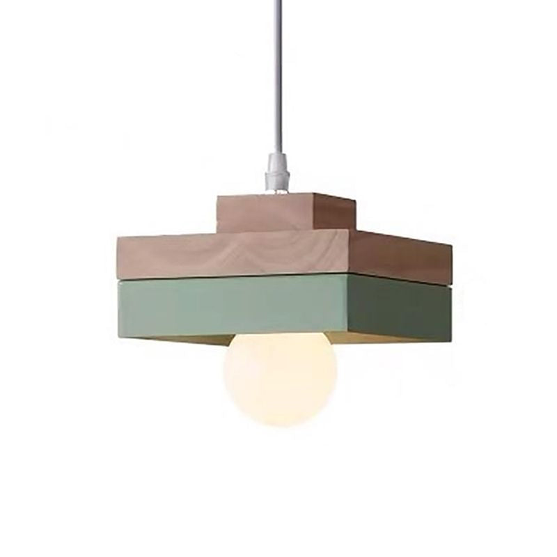 Wood Geometry Hanging Ceiling Light Contemporary 1-Light Metallic Suspension Lighting for Dining Room Green Square Clearhalo 'Ceiling Lights' 'Modern Pendants' 'Modern' 'Pendant Lights' 'Pendants' Lighting' 2024609