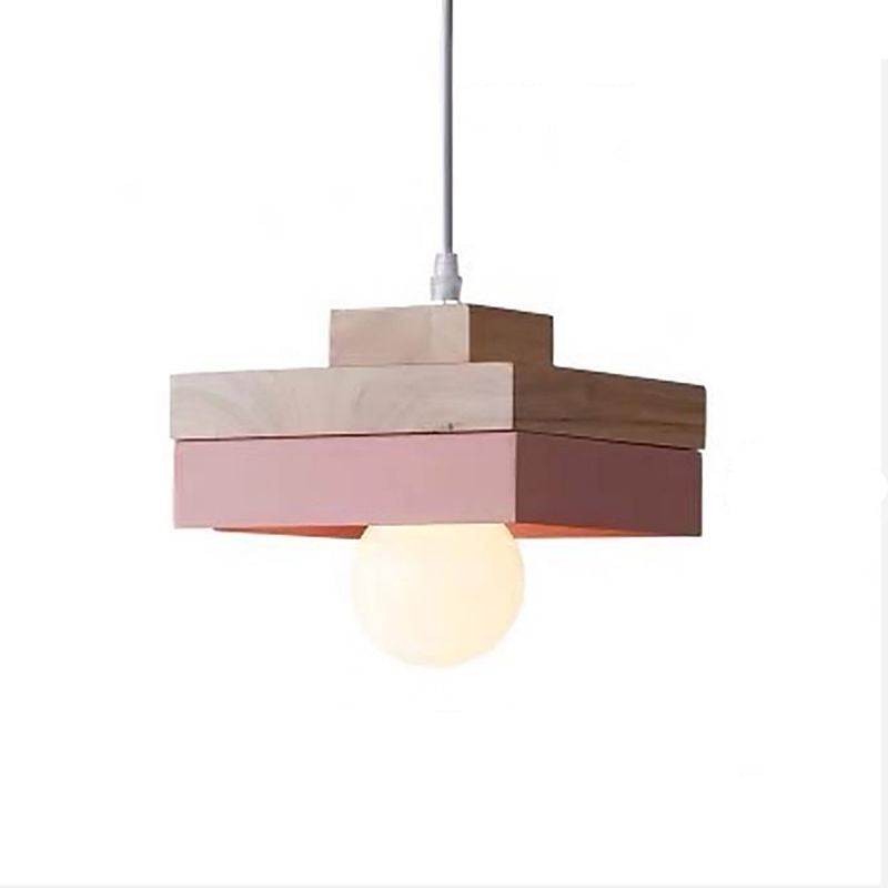 Wood Geometry Hanging Ceiling Light Contemporary 1-Light Metallic Suspension Lighting for Dining Room Pink Square Clearhalo 'Ceiling Lights' 'Modern Pendants' 'Modern' 'Pendant Lights' 'Pendants' Lighting' 2024616