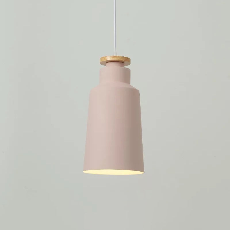 Modernist 1 Bulb Drop Lamp Barrel Wood Suspension Lighting Fixture with Metal Shade Pink C Clearhalo 'Ceiling Lights' 'Modern Pendants' 'Modern' 'Pendant Lights' 'Pendants' Lighting' 2024624