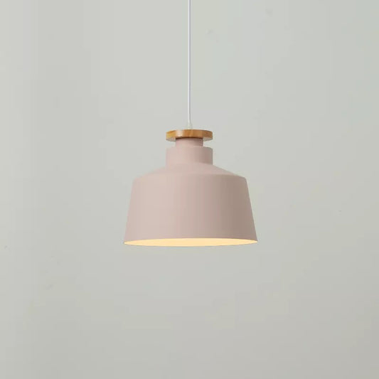 Modernist 1 Bulb Drop Lamp Barrel Wood Suspension Lighting Fixture with Metal Shade Pink B Clearhalo 'Ceiling Lights' 'Modern Pendants' 'Modern' 'Pendant Lights' 'Pendants' Lighting' 2024625