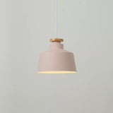Modernist 1 Bulb Drop Lamp Barrel Wood Suspension Lighting Fixture with Metal Shade Pink B Clearhalo 'Ceiling Lights' 'Modern Pendants' 'Modern' 'Pendant Lights' 'Pendants' Lighting' 2024625
