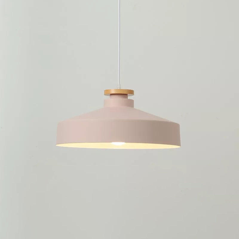 Modernist 1 Bulb Drop Lamp Barrel Wood Suspension Lighting Fixture with Metal Shade Pink A Clearhalo 'Ceiling Lights' 'Modern Pendants' 'Modern' 'Pendant Lights' 'Pendants' Lighting' 2024626