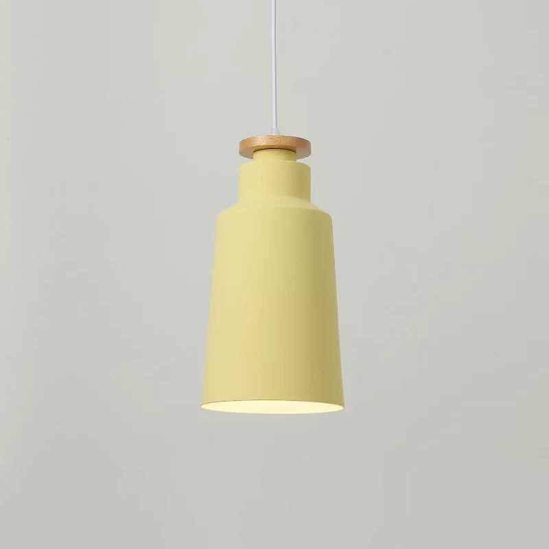 Modernist 1 Bulb Drop Lamp Barrel Wood Suspension Lighting Fixture with Metal Shade Yellow C Clearhalo 'Ceiling Lights' 'Modern Pendants' 'Modern' 'Pendant Lights' 'Pendants' Lighting' 2024627