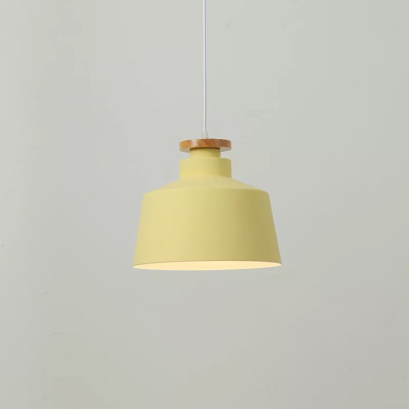 Modernist 1 Bulb Drop Lamp Barrel Wood Suspension Lighting Fixture with Metal Shade Yellow B Clearhalo 'Ceiling Lights' 'Modern Pendants' 'Modern' 'Pendant Lights' 'Pendants' Lighting' 2024628