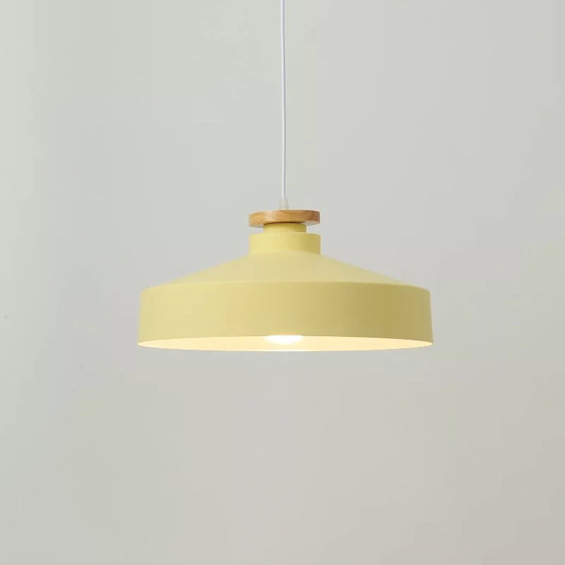 Modernist 1 Bulb Drop Lamp Barrel Wood Suspension Lighting Fixture with Metal Shade Yellow A Clearhalo 'Ceiling Lights' 'Modern Pendants' 'Modern' 'Pendant Lights' 'Pendants' Lighting' 2024629