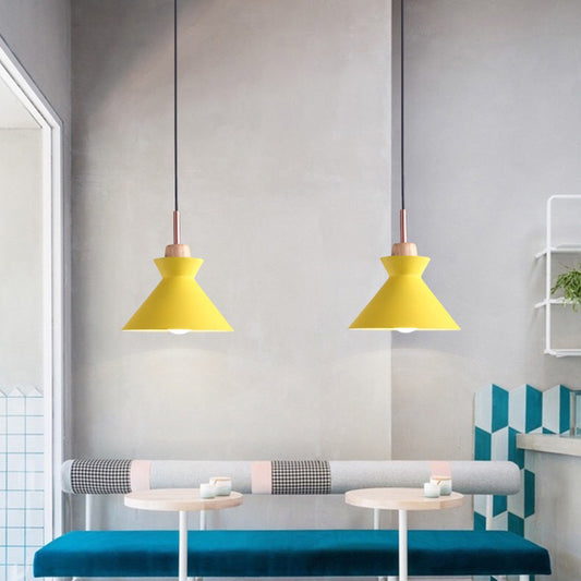 Geometric Dining Room Pendant Lamp Metal 1-Light Contemporary Ceiling Suspension Light with Wood Top Yellow Clearhalo 'Ceiling Lights' 'Modern Pendants' 'Modern' 'Pendant Lights' 'Pendants' Lighting' 2024638