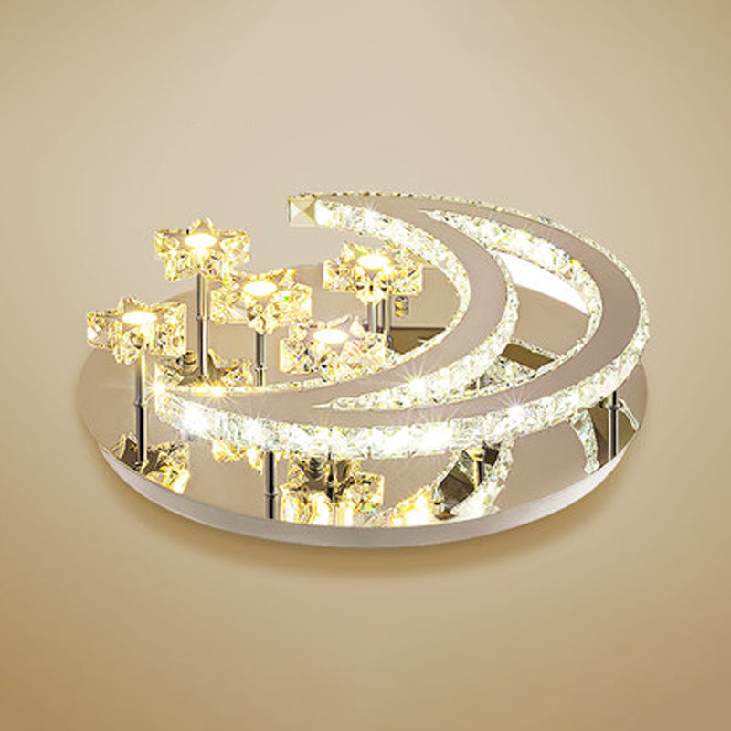 Chrome Moon and Star Flush Light Contemporary Clear Crystal LED Close to Ceiling Lamp Clearhalo 'Ceiling Lights' 'Close To Ceiling Lights' 'Close to ceiling' 'Flush mount' Lighting' 2024814