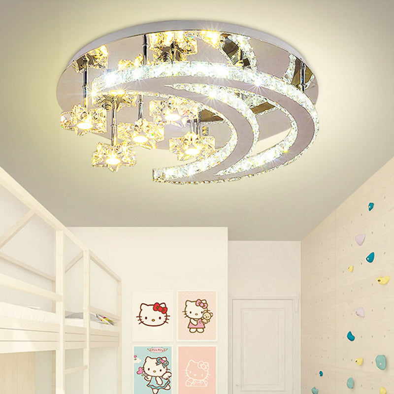 Chrome Moon and Star Flush Light Contemporary Clear Crystal LED Close to Ceiling Lamp Clearhalo 'Ceiling Lights' 'Close To Ceiling Lights' 'Close to ceiling' 'Flush mount' Lighting' 2024818