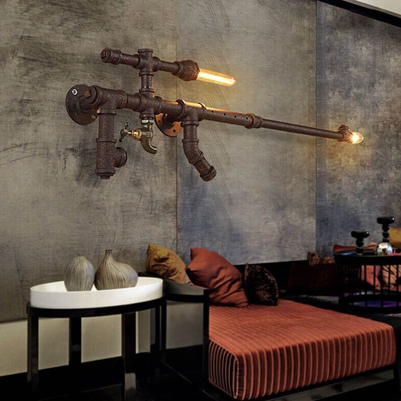 Metal Rust Wall Light Sconce Gun-Shaped 2 Bulbs Warehouse Wall Mount Lighting with Decorative Faucet Rust Clearhalo 'Art deco wall lights' 'Cast Iron' 'Glass' 'Industrial wall lights' 'Industrial' 'Middle century wall lights' 'Modern' 'Rustic wall lights' 'Tiffany' 'Traditional wall lights' 'Wall Lamps & Sconces' 'Wall Lights' Lighting' 2025159