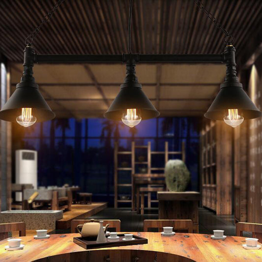 Industrial Cone Island Pendant Light 3-Light Wrought Iron Hanging Lamp Kit in Black for Dining Room Black Clearhalo 'Ceiling Lights' 'Island Lights' Lighting' 2025170