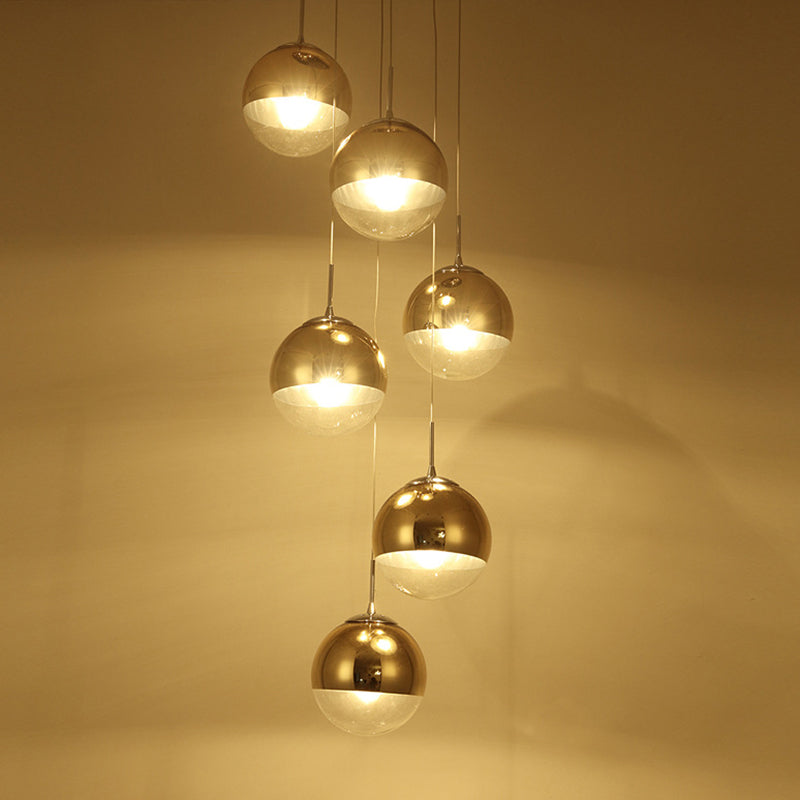 Globe Cluster Pendant Light Nordic Aluminum Stairs Suspension Lighting with Clear Glass Bottom in Gold Clearhalo 'Ceiling Lights' 'Glass shade' 'Glass' 'Modern Pendants' 'Modern' 'Pendant Lights' 'Pendants' Lighting' 2025347