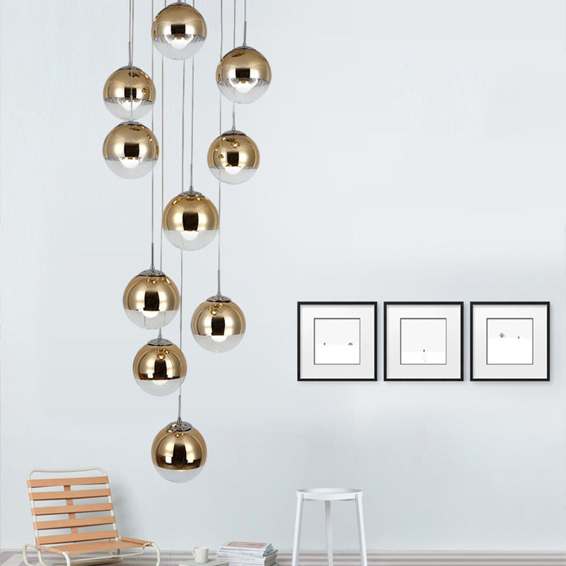 Globe Cluster Pendant Light Nordic Aluminum Stairs Suspension Lighting with Clear Glass Bottom in Gold 10 Gold Clearhalo 'Ceiling Lights' 'Glass shade' 'Glass' 'Modern Pendants' 'Modern' 'Pendant Lights' 'Pendants' Lighting' 2025348