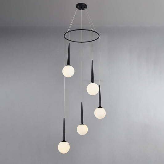 Milky Glass Ball Cluster Pendant Modern Style Hanging Light Fixture with Metal Ring Top 5 Black Clearhalo 'Ceiling Lights' 'Modern Pendants' 'Modern' 'Pendant Lights' 'Pendants' Lighting' 2025369