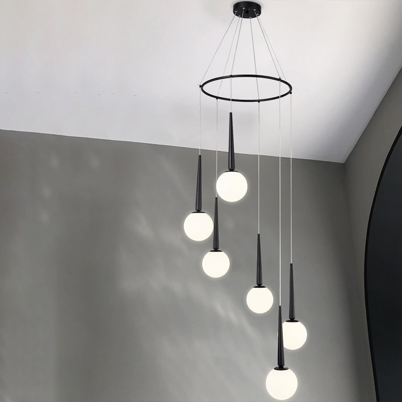 Milky Glass Ball Cluster Pendant Modern Style Hanging Light Fixture with Metal Ring Top 6 Black Clearhalo 'Ceiling Lights' 'Modern Pendants' 'Modern' 'Pendant Lights' 'Pendants' Lighting' 2025370