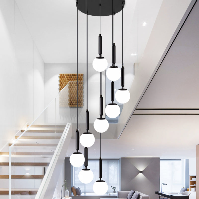 Opal Glass Global Multiple Hanging Light Simplicity Suspension Lighting for Stairs 9 Black Clearhalo 'Ceiling Lights' 'Modern Pendants' 'Modern' 'Pendant Lights' 'Pendants' Lighting' 2025393