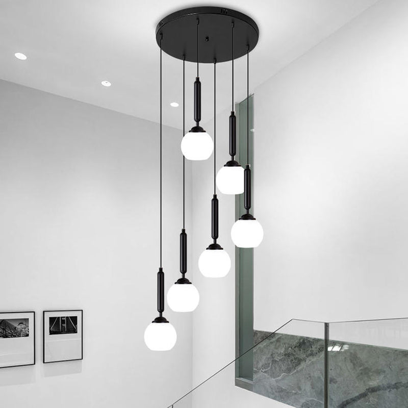 Opal Glass Global Multiple Hanging Light Simplicity Suspension Lighting for Stairs 6 Black Clearhalo 'Ceiling Lights' 'Modern Pendants' 'Modern' 'Pendant Lights' 'Pendants' Lighting' 2025402