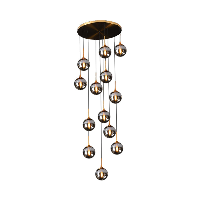 Modernist 13 Heads Cluster Pendant Light Black Spherical Hanging Lamp Kit with Glass Shade 13 Smoke Gray B Clearhalo 'Ceiling Lights' 'Modern Pendants' 'Modern' 'Pendant Lights' 'Pendants' Lighting' 2025438