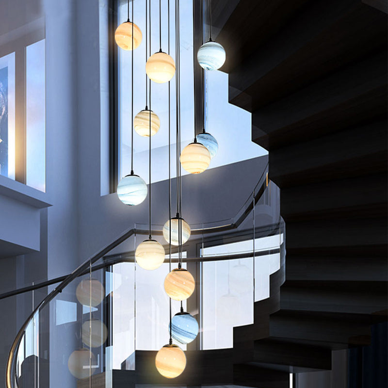 Planet Multi Light Pendant Modernism Textured Glass Stairs Suspension Lighting Fixture in Black Clearhalo 'Ceiling Lights' 'Modern Pendants' 'Modern' 'Pendant Lights' 'Pendants' Lighting' 2025446