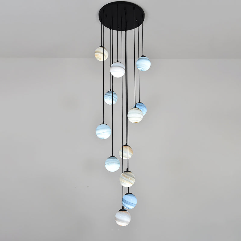 Planet Multi Light Pendant Modernism Textured Glass Stairs Suspension Lighting Fixture in Black Clearhalo 'Ceiling Lights' 'Modern Pendants' 'Modern' 'Pendant Lights' 'Pendants' Lighting' 2025447